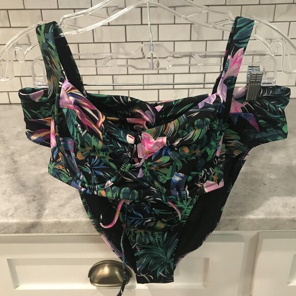 Victorias Secret Bikini Swimsuit Tropical Floral Womens 36D Two Piece Black Pink - Picture 1 of 12
